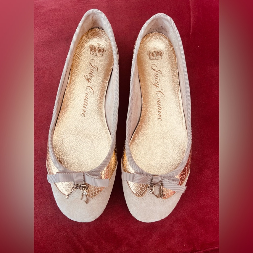 Juicy Couture Suede Gold and Tan Ballerina Flats